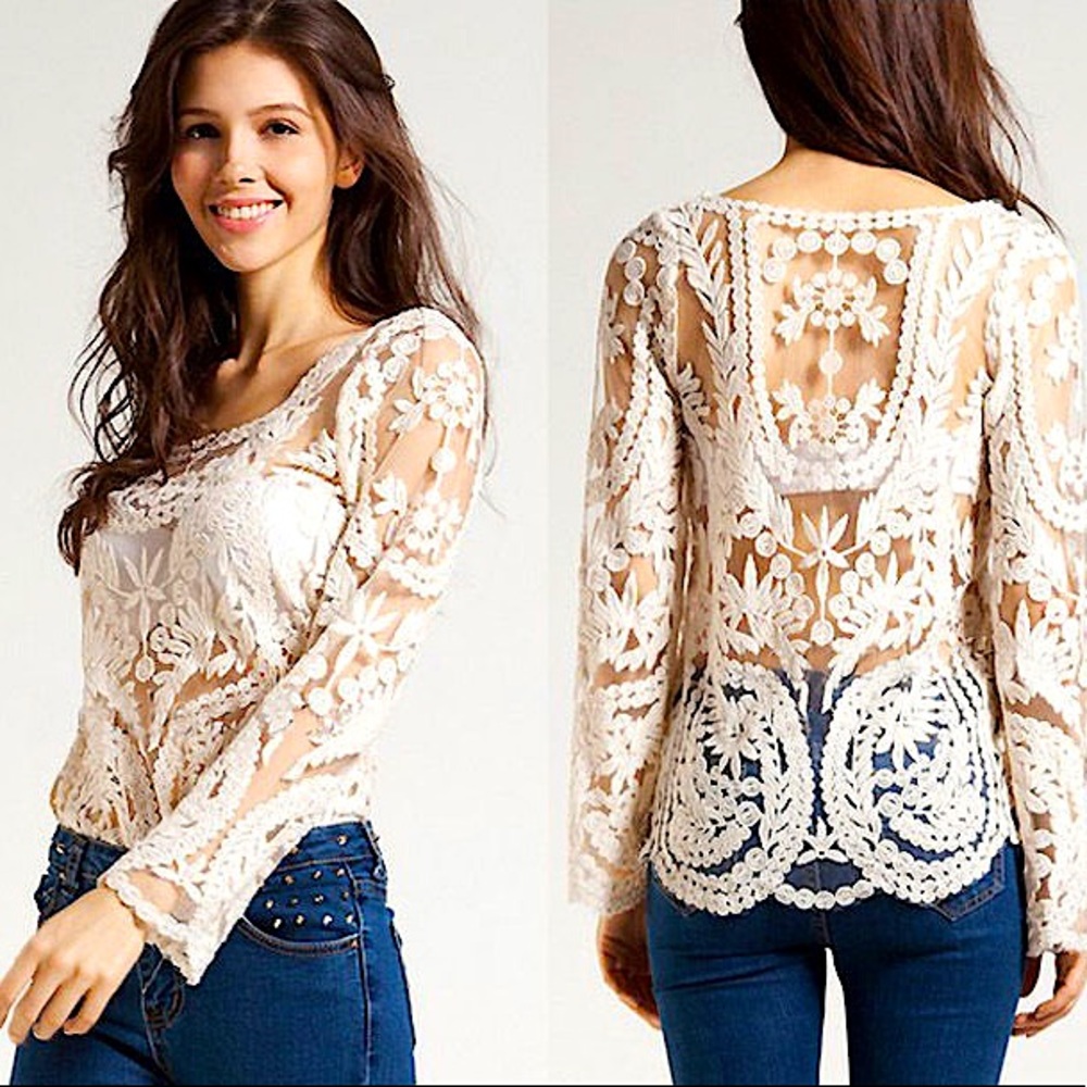 Express Boho Embroidered Sheer Lace Top